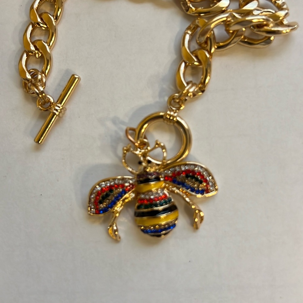 Gold Tone Chainlink Red-Blue-Yellow Rhinestone Bee Toggle Necklace NWT - (#0412)